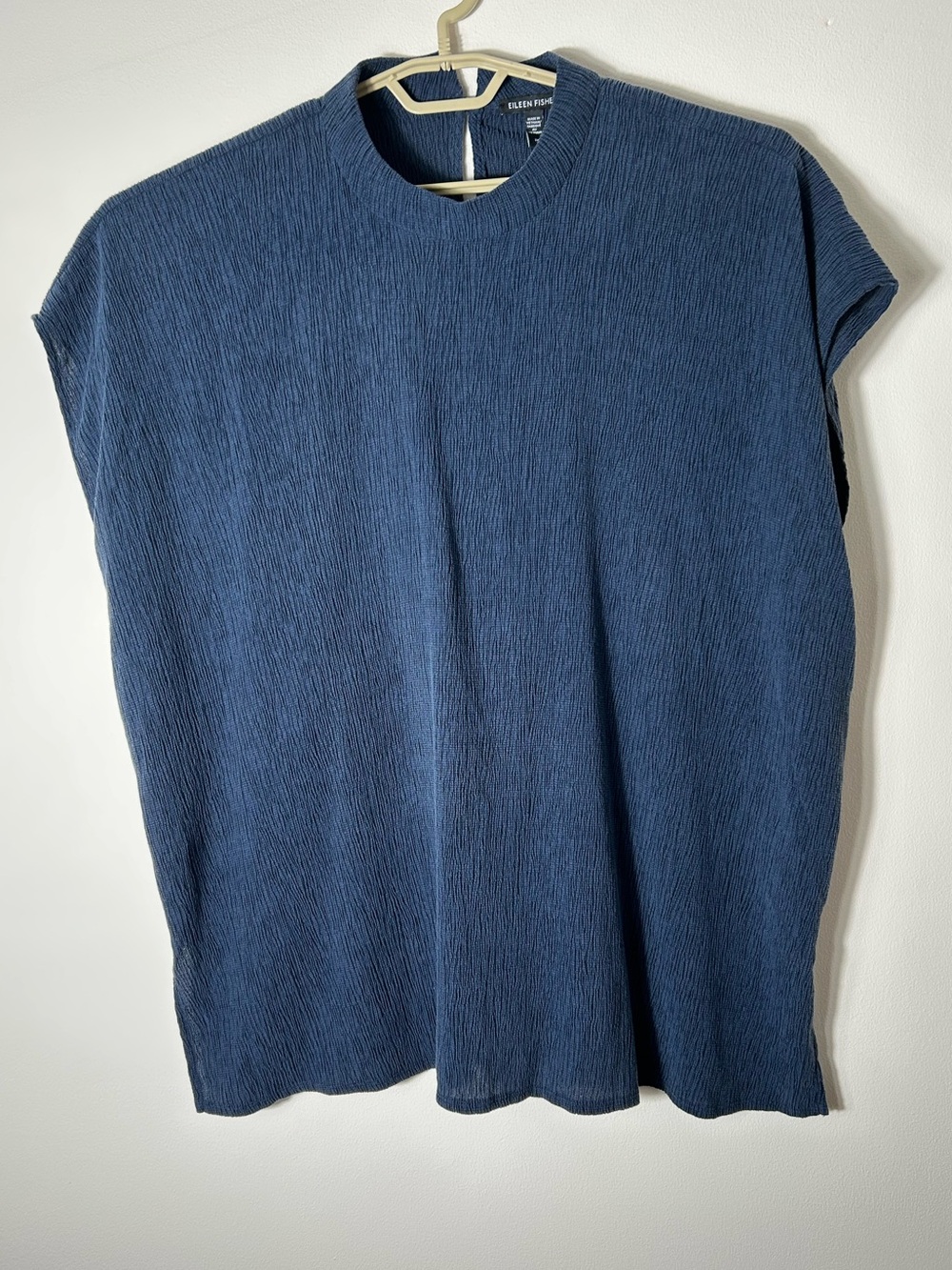 Eileen Fisher Plisse Blouse Womens 2X Blue Navy Mock Neck Cap Sleeves Boxy Tunic